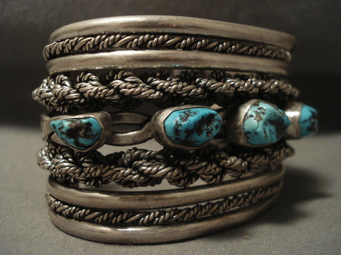 Museum Vintage Navajo 'Silver Hand Woven' Persian Turquoise Silver Bracelet