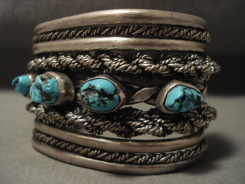 Museum Vintage Navajo 'Silver Hand Woven' Persian Turquoise Silver Bracelet