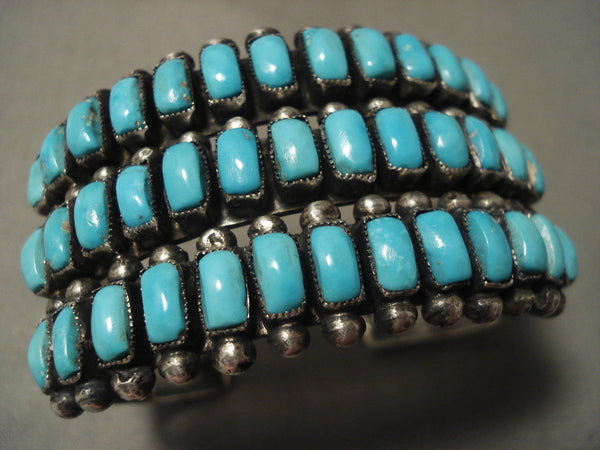 Very Old Huge Vintage Navajo 'Squared Turquoise' Silver Bracelet