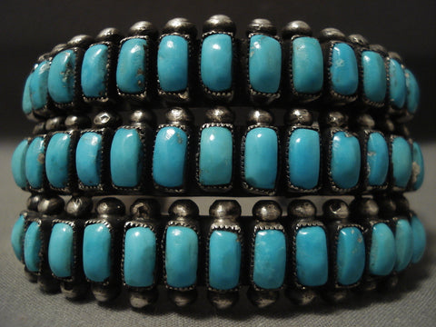 Very Old Huge Vintage Navajo 'Squared Turquoise' Silver Bracelet