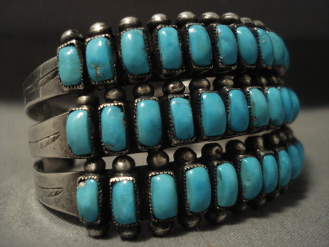 Very Old Huge Vintage Navajo 'Squared Turquoise' Silver Bracelet