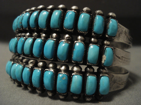 Very Old Huge Vintage Navajo 'Squared Turquoise' Silver Bracelet