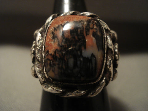 Thick And Heavy Men's Vintage Natural Petrified Wood Silver Ring- Huge