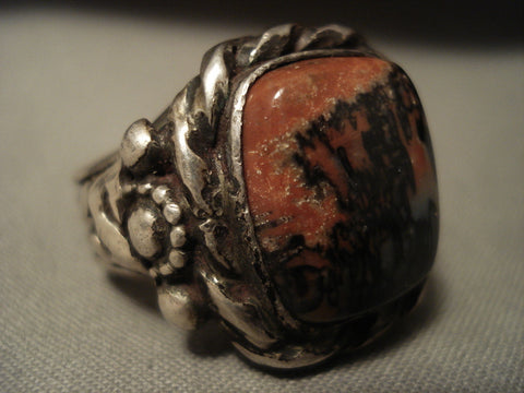 Thick And Heavy Men's Vintage Natural Petrified Wood Silver Ring- Huge