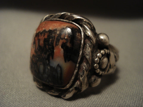 Thick And Heavy Men's Vintage Natural Petrified Wood Silver Ring- Huge