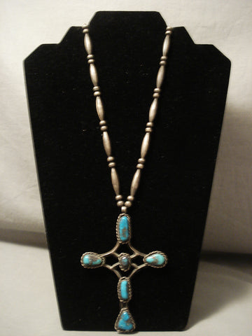 Early 1900's Vintage Navajo Hand Tooled Turquoise Silver Cross Necklace