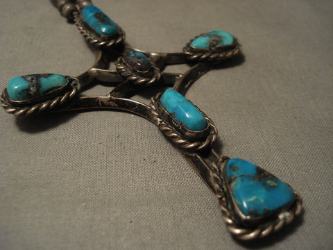 Early 1900's Vintage Navajo Hand Tooled Turquoise Silver Cross Necklace