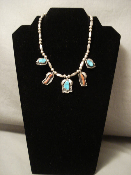 Incredibly Beautiful Vintage Navajo Bisbee Turquoise Silver Coral Necklace Old