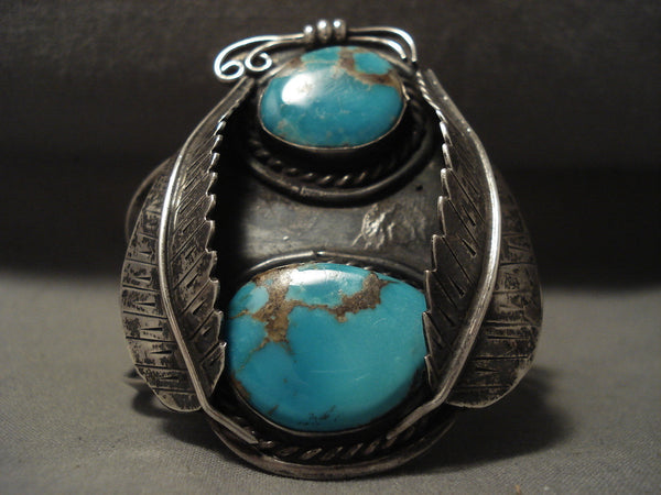 Baboom Vintage Navajo Bisbee Turquoise Silver 'Leaf Kingdom' Silver Bracelet