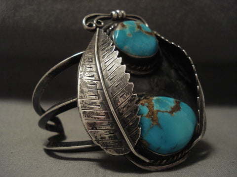 Baboom Vintage Navajo Bisbee Turquoise Silver 'Leaf Kingdom' Silver Bracelet