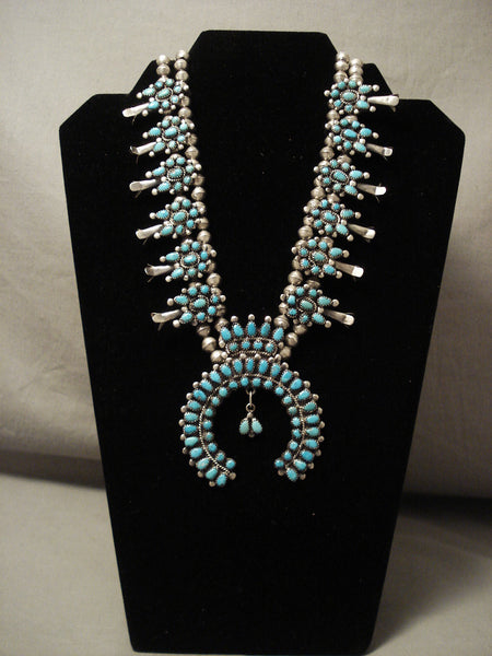 Museum Quality Vintage Navajo Turquoise Silver Squash Blossom Necklace Old