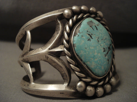 Tremendous Vintage Navajo Natural Easter Blue Turquoise Silver Bracelet Old