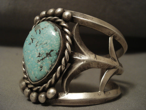 Tremendous Vintage Navajo Natural Easter Blue Turquoise Silver Bracelet Old