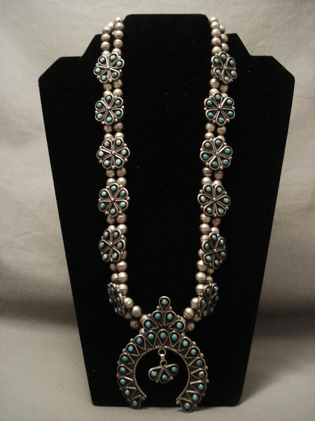 Absolutely Stunning Vintage Navajo Turquoise Silver Squash Blossom Necklace