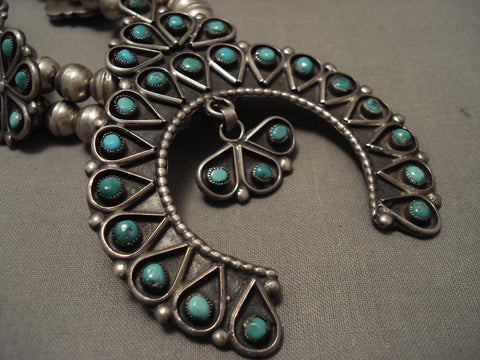 Absolutely Stunning Vintage Navajo Turquoise Silver Squash Blossom Necklace