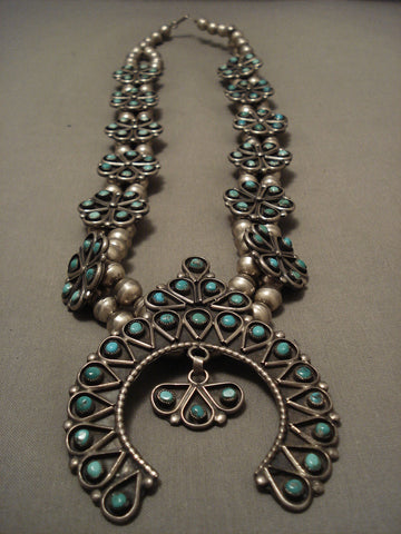 Absolutely Stunning Vintage Navajo Turquoise Silver Squash Blossom Necklace