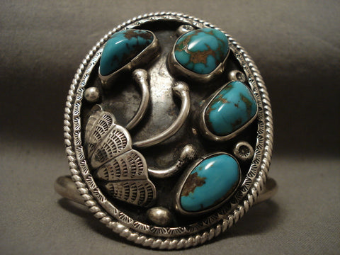 Natural And Deep Blue Gem Turquoise Vintage Navajo Silver Bracelet Old