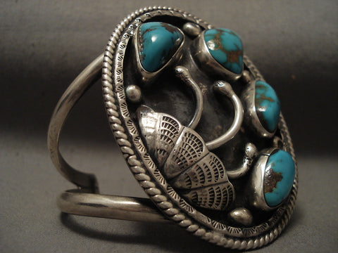 Natural And Deep Blue Gem Turquoise Vintage Navajo Silver Bracelet Old