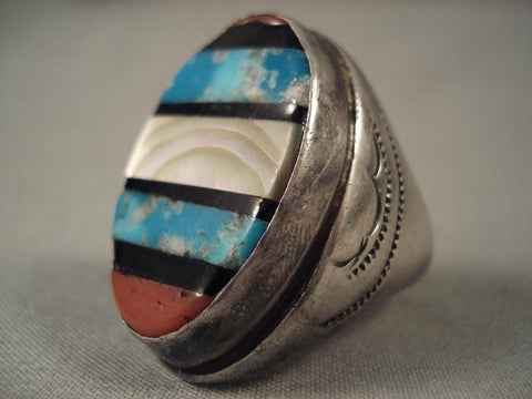 Huge Vintage Navajo Turquoise Channel Silver Ring-heavy