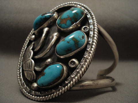 Natural And Deep Blue Gem Turquoise Vintage Navajo Silver Bracelet Old