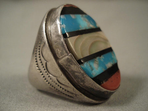 Huge Vintage Navajo Turquoise Channel Silver Ring-heavy