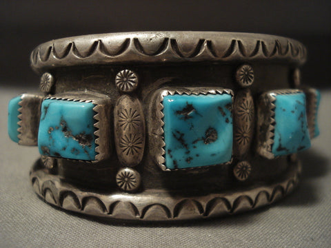 Museum Vintage Navajo 'Squared Natural Turquoise' Silver Bracelet