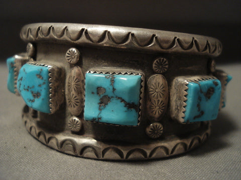 Museum Vintage Navajo 'Squared Natural Turquoise' Silver Bracelet