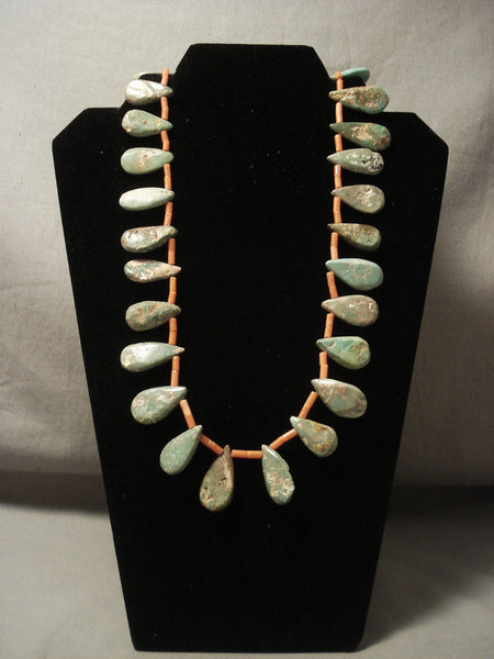 Earlier 1900's Vintage Santo Domingo Cerrillos Teardrop Coral Silver Necklace