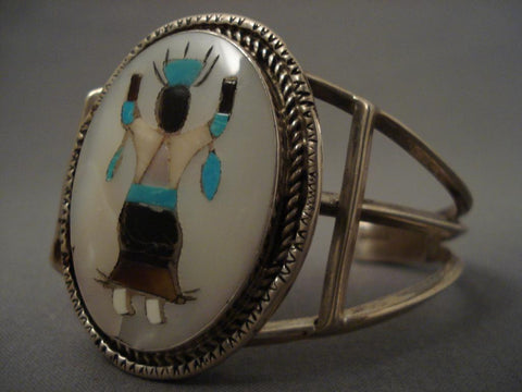 Huge Vintage Zuni Apache Kachina Dancer Silver Bracelet