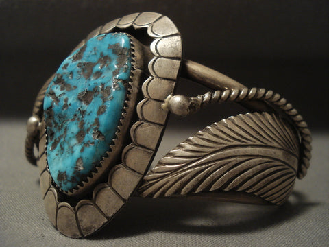 Museum Vintage Navajp Persian Turquoise Silver Leaf Bracelet