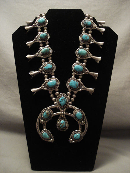 Museum Quality Vintage Navajo Turquoise Silver Wide Naja Squash Blossom Necklace