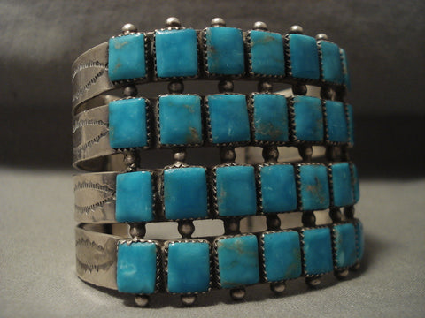 Xxl Very Rare Vintage Navajo 'Squared Turquoise' Silver Bracelet