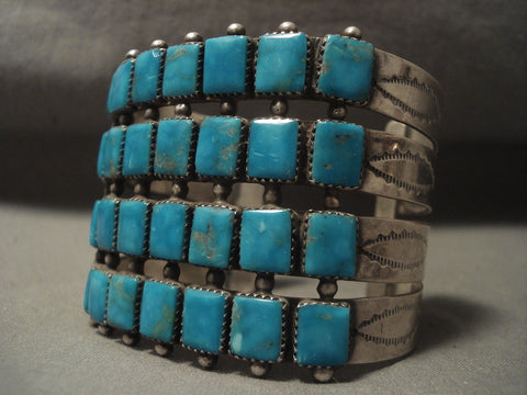 Xxl Very Rare Vintage Navajo 'Squared Turquoise' Silver Bracelet