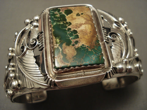Huge Squared Natural Green Turquoise Vintage Navajo Silver Leaf Bracelet