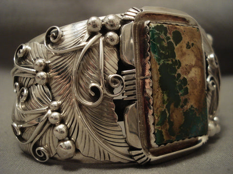 Huge Squared Natural Green Turquoise Vintage Navajo Silver Leaf Bracelet