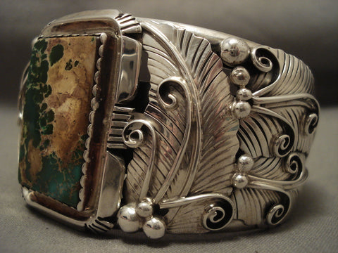 Huge Squared Natural Green Turquoise Vintage Navajo Silver Leaf Bracelet