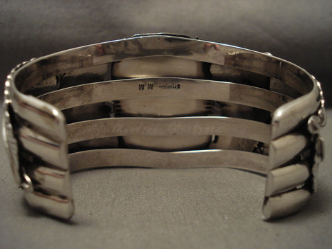 Huge Squared Natural Green Turquoise Vintage Navajo Silver Leaf Bracelet