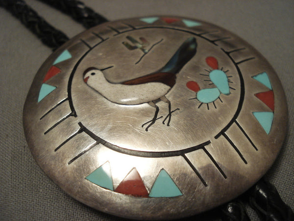 Museum Vintage Zuni/ Navajo Turquoise Coral Silver Bird Bolo Tie