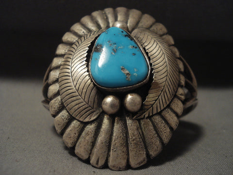 Mammoth Vintage Navajo 'Duel Technique' Persian Turquoise Silver Bracelet