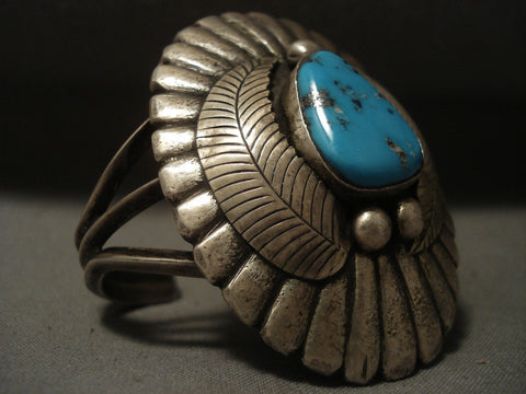 Mammoth Vintage Navajo 'Duel Technique' Persian Turquoise Silver Bracelet