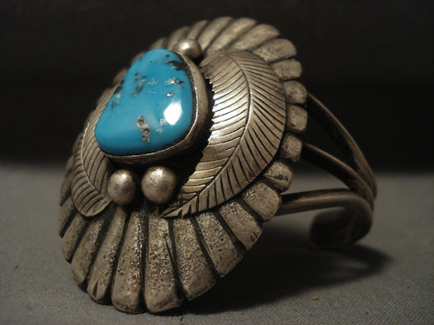 Mammoth Vintage Navajo 'Duel Technique' Persian Turquoise Silver Bracelet