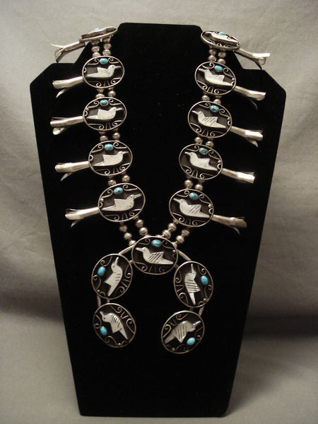 Opulent Huge Vintage Navajo 'Carved Bird' Turquoise Silver Squash Necklace