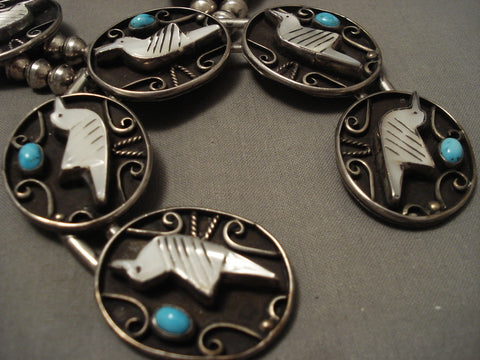 Opulent Huge Vintage Navajo 'Carved Bird' Turquoise Silver Squash Necklace