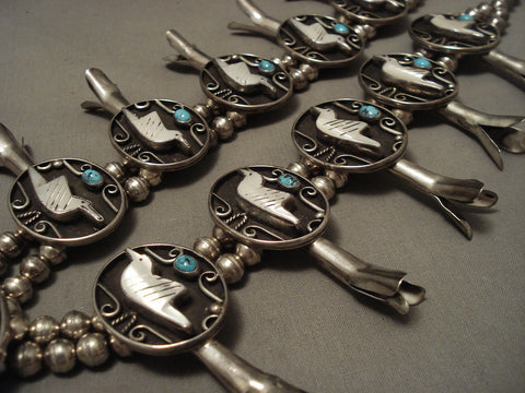 Opulent Huge Vintage Navajo 'Carved Bird' Turquoise Silver Squash Necklace