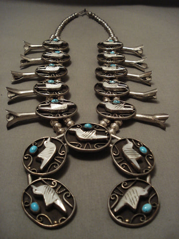 Opulent Huge Vintage Navajo 'Carved Bird' Turquoise Silver Squash Necklace