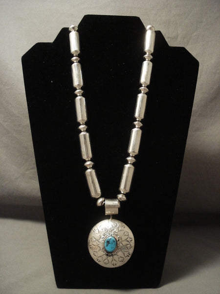 Important Vintage Navajo Leo Nez Revisible Silver Tube Turquoise Necklace