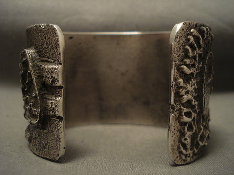 Important Navajo 'Dancing Yei Turquoise Face' Silver Bracelet