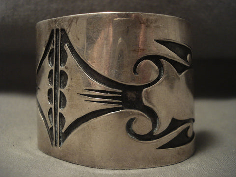 Very Old Wide Vintage Hopi Hand Tooled Silver Bracelet