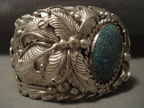 167 Gram 'Forest Of Leaves' Domed Spiderweb Turquoise Silver Bracelet