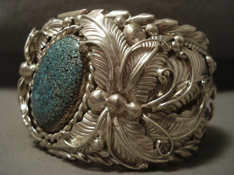 167 Gram 'Forest Of Leaves' Domed Spiderweb Turquoise Silver Bracelet